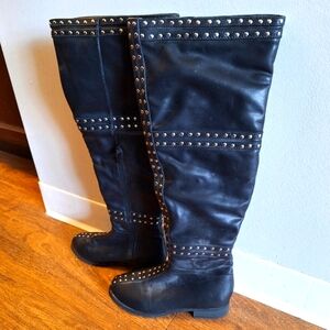 Black Knee High Studded Vegan Leather Boots- Invisible Side Zipper- 6
